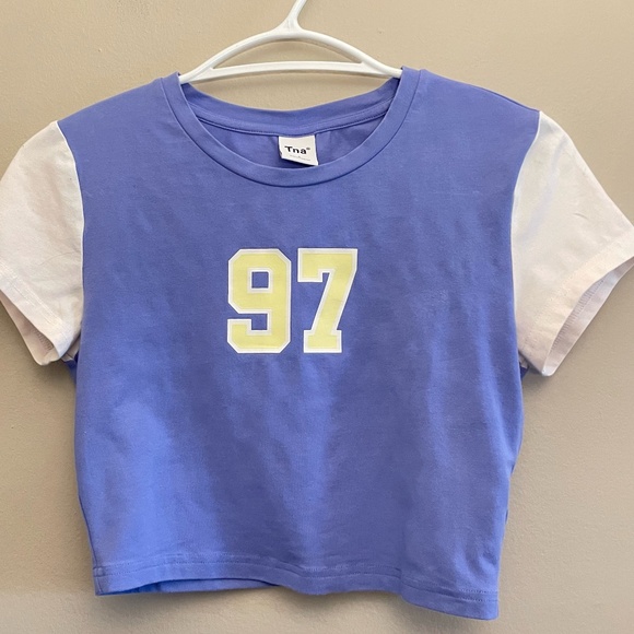 TNA Blue & White Cropped Baby Tee with Varsity Numbers - Picture 2 of 9